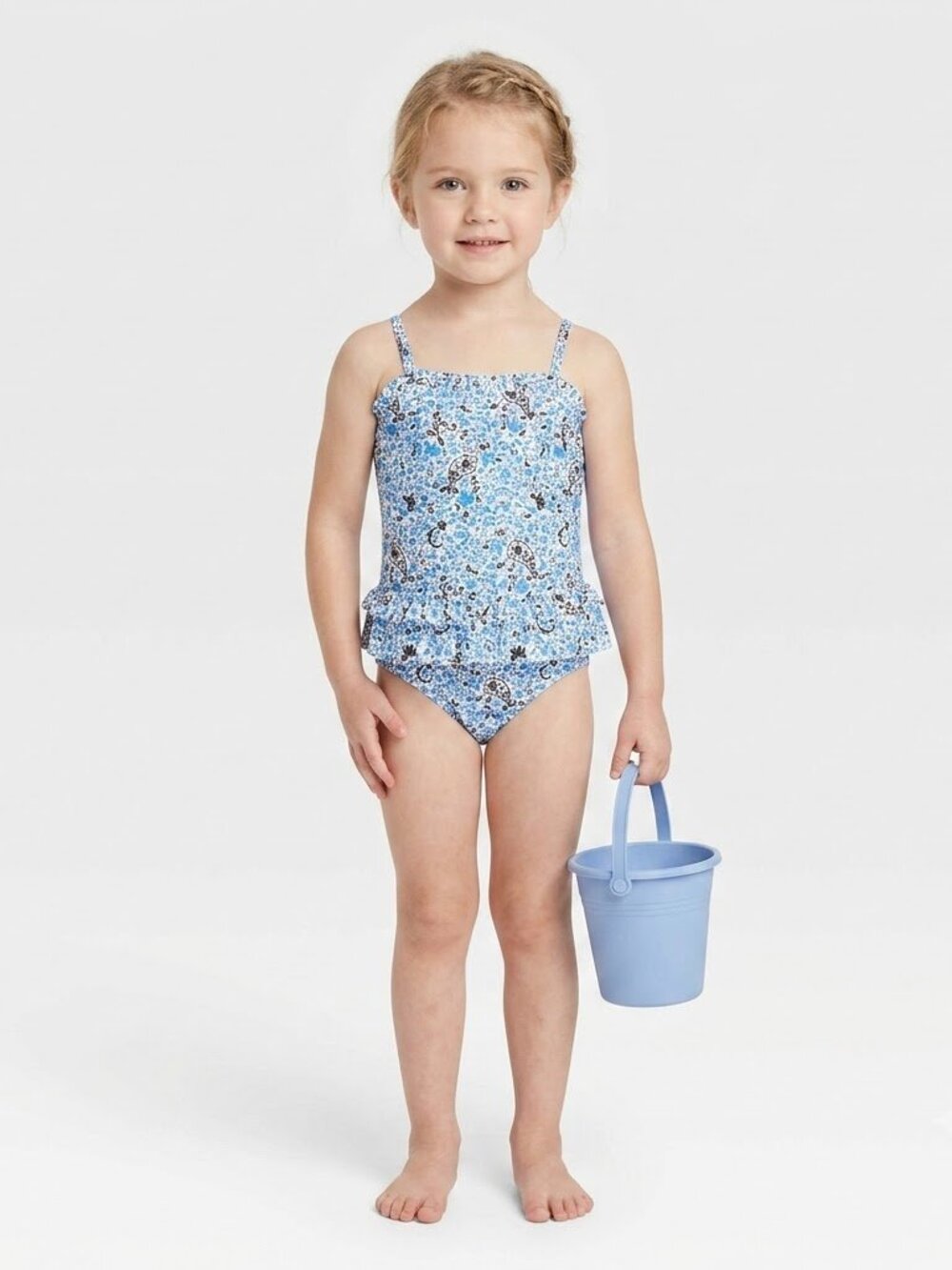 Circo Girls One Piece Swimsuit Paisley Floral Ruffle Top Blue White Size 5T